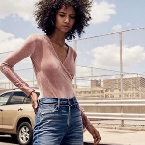 Madewell Velvet Faux Wrap Bodysuit Long Sleeve Top Women’s Size Small Shirt Pink